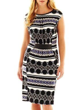 Worthington Plus Size 2X Sheath Dress Faux Leather Trim Black Blue Print NWT